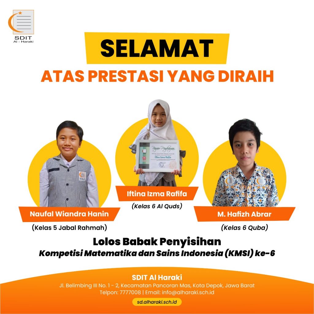 3 Siswa SDIT Al Haraki lolos Babak Penyisihan Kompetisi Matematika dan Sains Indonesia (KMSI) ke-6